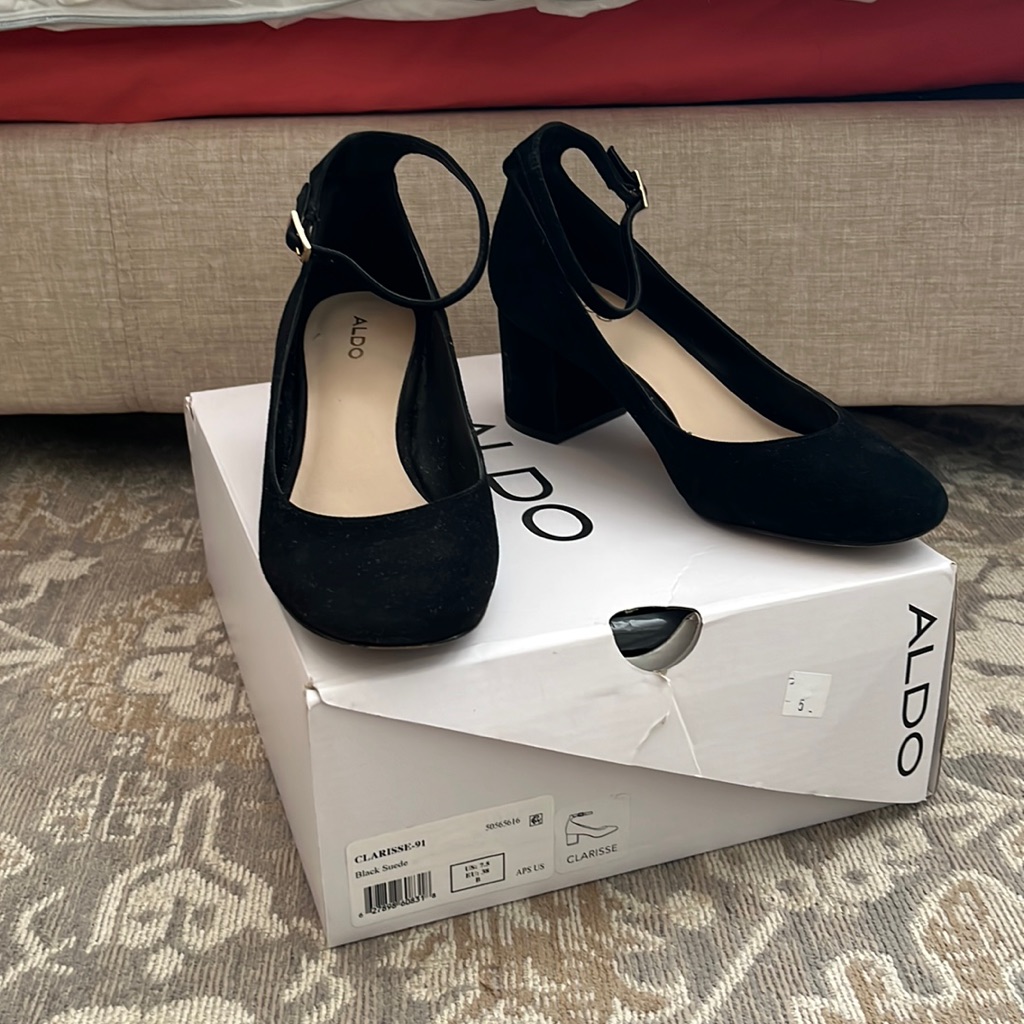 Aldo Black Suede Ankle Strap Low Block Heel Pumps